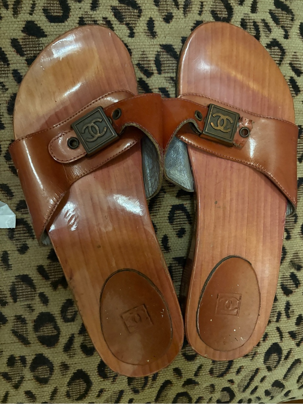 CHANEL Tan Brown Leather Slide Sandals with CC Medallions Y2K